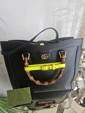 100% AUTHENTIC GUCCI DIANA TOTE Black Leather  with Bamboo Handles